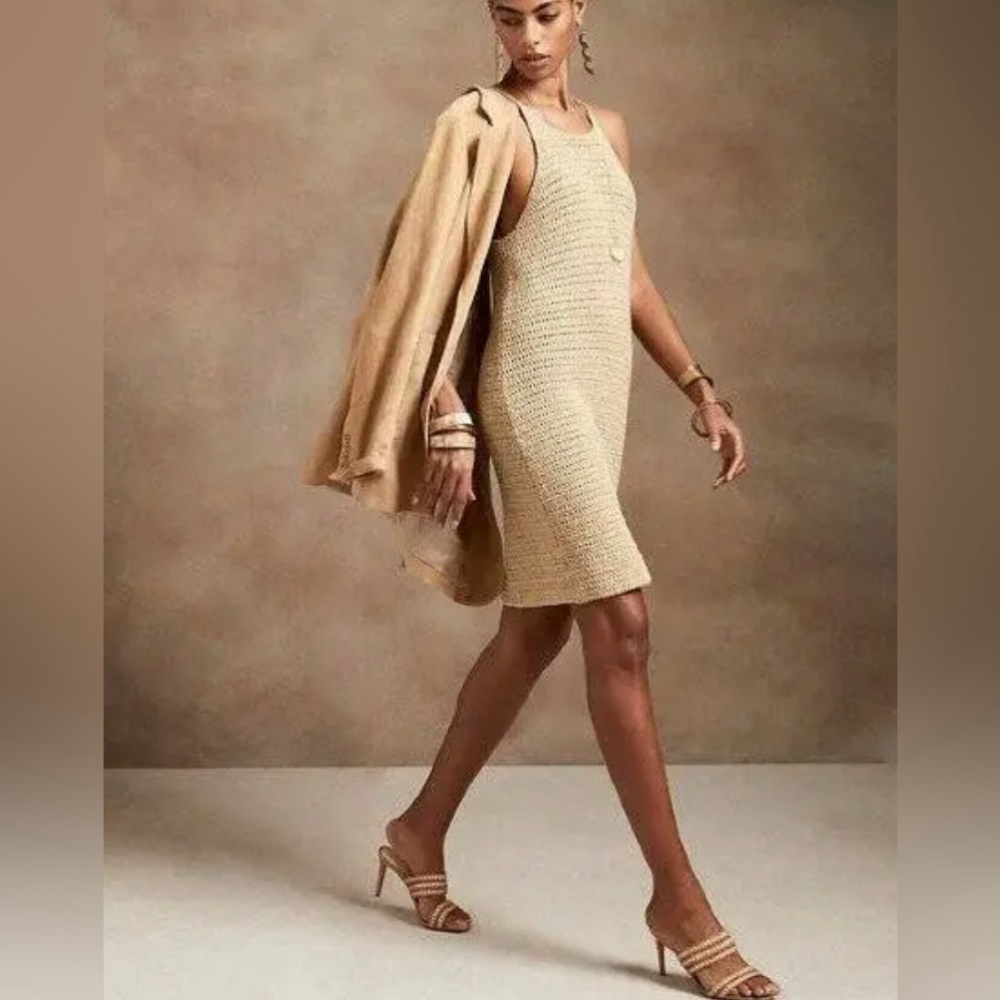 BANANA REPUBLIC Boho CROCHET Dress Pale Khaki knit size xl